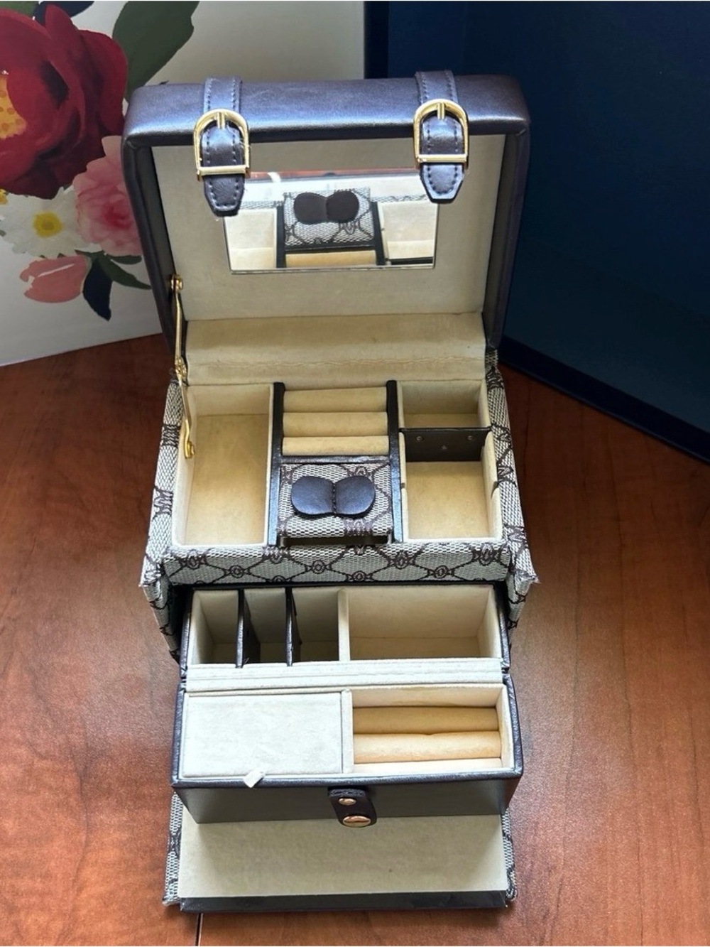 Brown Faux Leather Multi Level Tier Jewelry Box Organizer Mirror And Travel Case